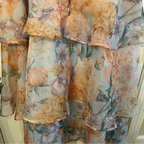 Playfully Posh Blue Floral Organza Tie-Strap Tiered Midi Dress Size XL - Picture 6 of 11